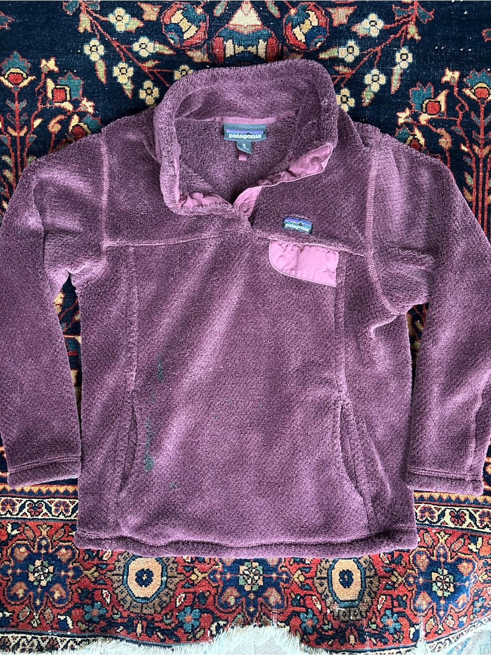 Patagonia Girls Re-Tool Snap-T Purple Fleece Pullover M 10 Paint Stains